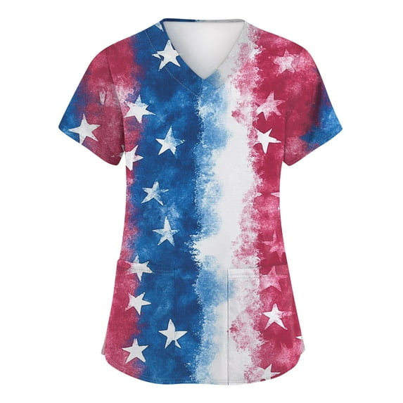 JULMCOMO Independence Day Medical Scrubs for Women Set Short Sleeve V Neck Patriotic American Flag Pattern Nursing Uniforms Workwear Scrub Tops Shirts with Pockets Yellow