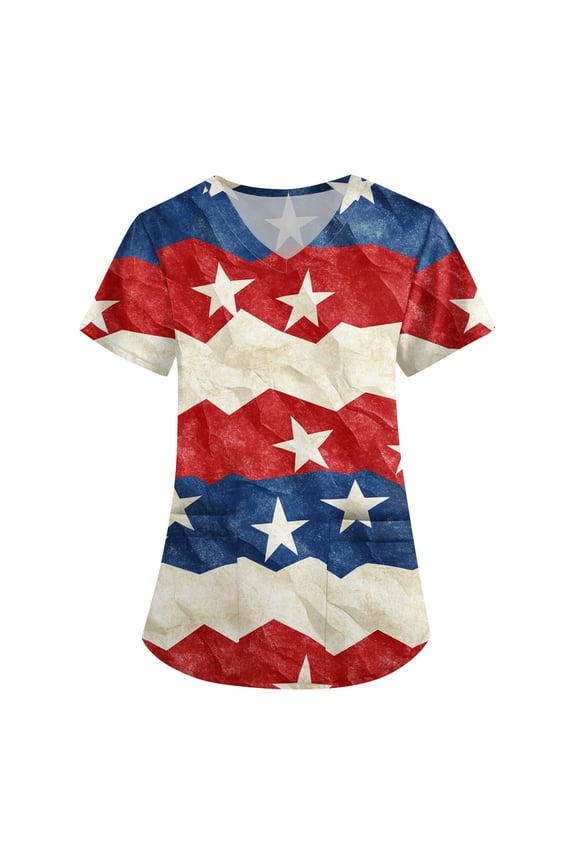 Independence Day Printed Medical Scrubs for Womenn, Short Sleeve Festival T Shirt for Women American Flag Plus Size Scrub Tops White M
