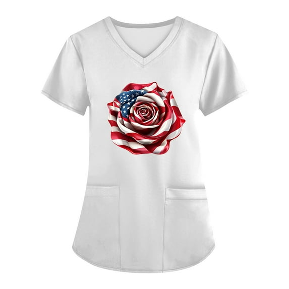 JULMCOMO Independence Day Scrub Tops Women Nurse Working Uniform Comfortable Easy Fit Lightweight Durable Soft Stretch American Flag Printed Medical Scrub Top Gray