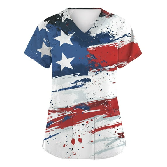 JULMCOMO Independence Day Scrub Tops Women Patriotic American Flag Print Blouse Short Sleeve Nurse Working Uniform V Neck Graphic Medical Scrub Shirts Mint Green