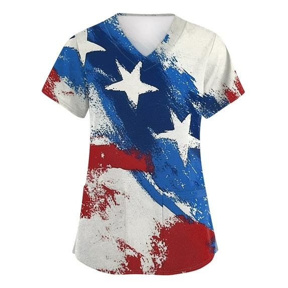 JULMCOMO Independence Day Scrub Tops for Women American Flag Print Medical Scrub Tops with Pocket Summer Short Sleeve V Neck 4th of July Tee Gray M