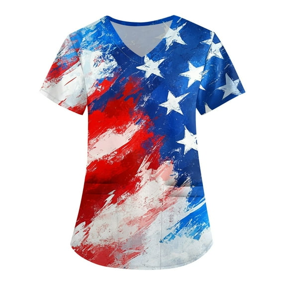JULMCOMO Independence Day Scrub Tops for Women American Flag Print Medical Scrub Tops with Pocket Summer Short Sleeve V Neck 4th of July Tee Gray M