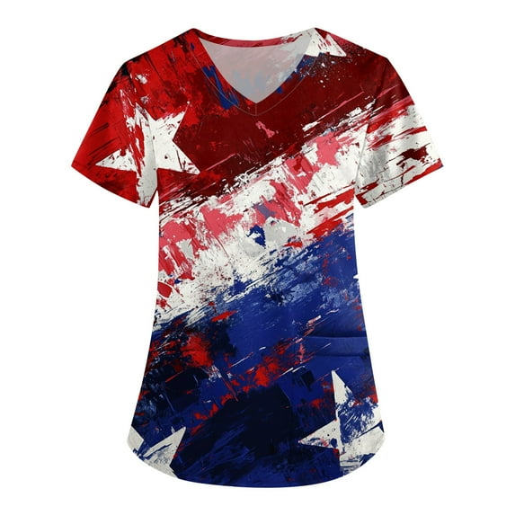 JULMCOMO Independence Day Scrub Tops for Women American Flag Print Medical Scrub Tops with Pocket Summer Short Sleeve V Neck 4th of July Tee White