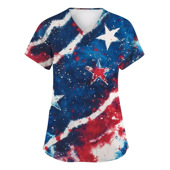 JULMCOMO Independence Day Scrub Tops for Women American Flag Print Medical Scrub Tops with Pocket Summer Short Sleeve V Neck 4th of July Tee White