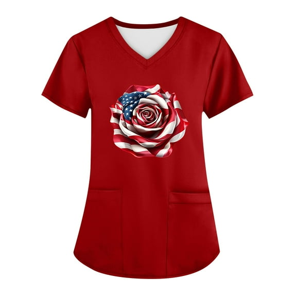 JULMCOMO Independence Day Scrub_Tops for Women American Flag Print Scrub_Shirts with Pocket Spring Short Sleeve V Neck 4th of July Tee Yellow S