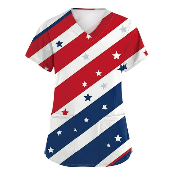 JULMCOMO Independence Day Womens Scrubs_Tops,Womens Short Sleeve V-Neck Medical Scrubs American Flag Stars Stripes Breathable Nurse Working Uniform Blouses Mint Green