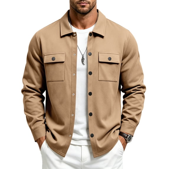 JULMCOMO Jacket for Men Collared Long Sleeve Snap Down Casual Shirt Jacket Loose Fit Work Daily Winter Shacket with Chest Pockets Camel 3XL