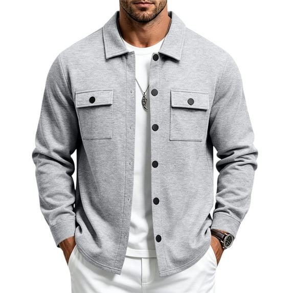 JULMCOMO Jacket for Men Collared Long Sleeve Snap Down Casual Shirt Jacket Loose Fit Work Daily Winter Shacket with Chest Pockets Light Gray 2XL
