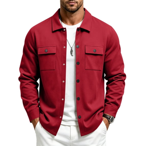 JULMCOMO Jacket for Men Collared Long Sleeve Snap Down Casual Shirt Jacket Loose Fit Work Daily Winter Shacket with Chest Pockets Red M
