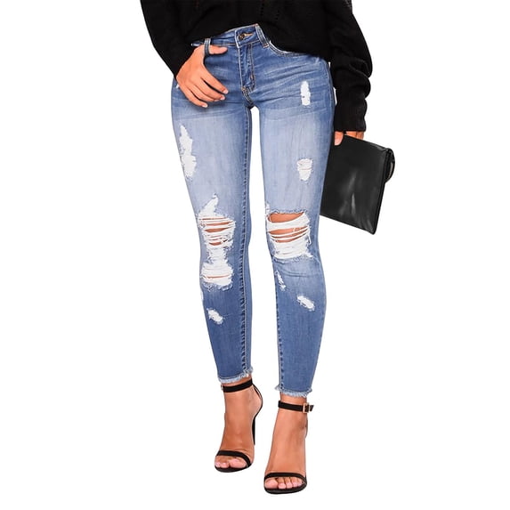 JULMCOMO Jeans for Women Boyfriend Ripped Skinny Jean Waisted Stretch Distressed Denim Pants Frayed Trendy Jeggings Light Blue L