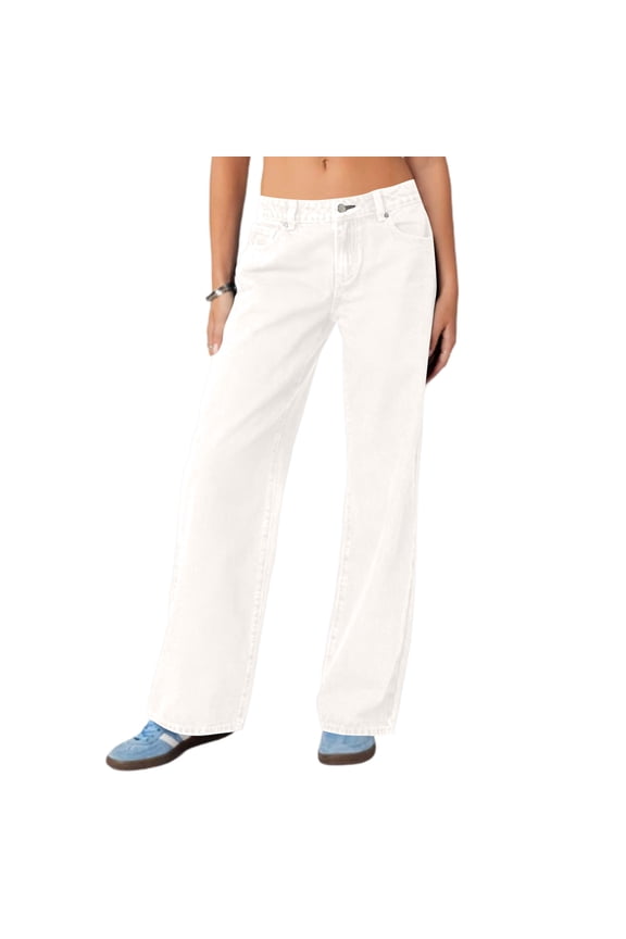 Jeans for Women Low Rise Straight Leg Full Length Classic Baggy Jeans Loose Fit Casual Vintage Denim Pants with Pockets White L