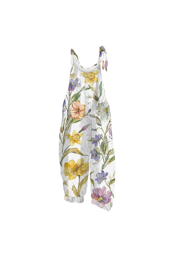 Jumpsuits for Women Floral Print Adjustable Spaghetti Strap Summer Overall Shorts Sleeveless Comfy Loose Fit Casual Jumpsuits with Pockets Khaki M