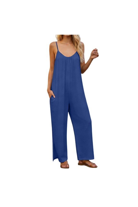 Jumpsuits for Women Spaghetti Strap Scoop Neck Lounge Summer Outfits Wide Leg Sleeveless Loose Fit Flowy Casual Rompers with Pockets Dark Blue L