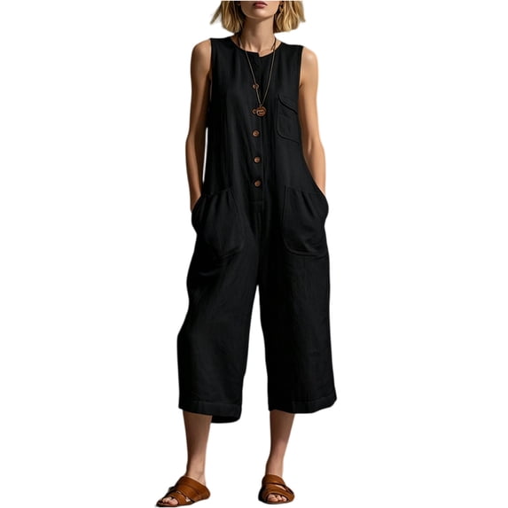 JULMCOMO Jumpsuits for Women Crew Neck Button Down Casual Bib Overalls Sleeveless Retro Wide Leg Capri Jumpsuit with Pockets Black L