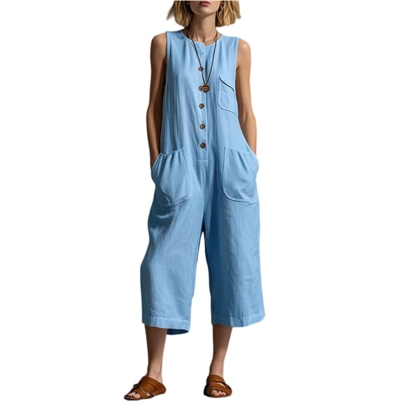 JULMCOMO Jumpsuits for Women Crew Neck Button Down Casual Bib Overalls Sleeveless Retro Wide Leg Capri Jumpsuit with Pockets Sky Blue 2XL