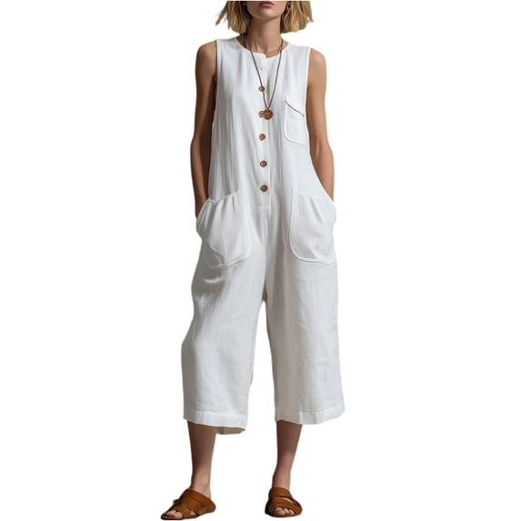 JULMCOMO Jumpsuits for Women Crew Neck Button Down Casual Bib Overalls Sleeveless Retro Wide Leg Capri Jumpsuit with Pockets White S