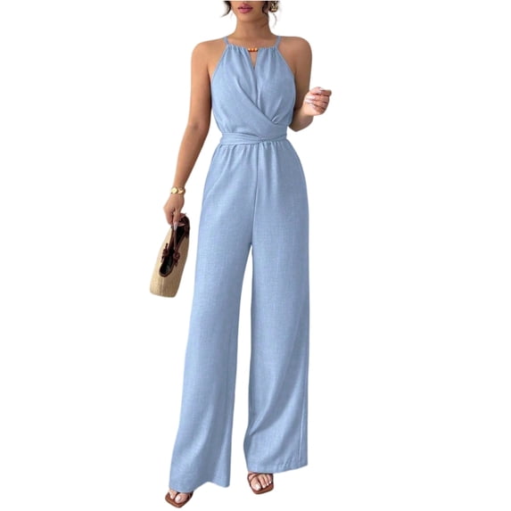 JULMCOMO Jumpsuits for Women Crew Neck Halter Cinched Waisted Dressy Rompers Tie Back Wide Leg Flowy Summer Overalls Light Blue XL