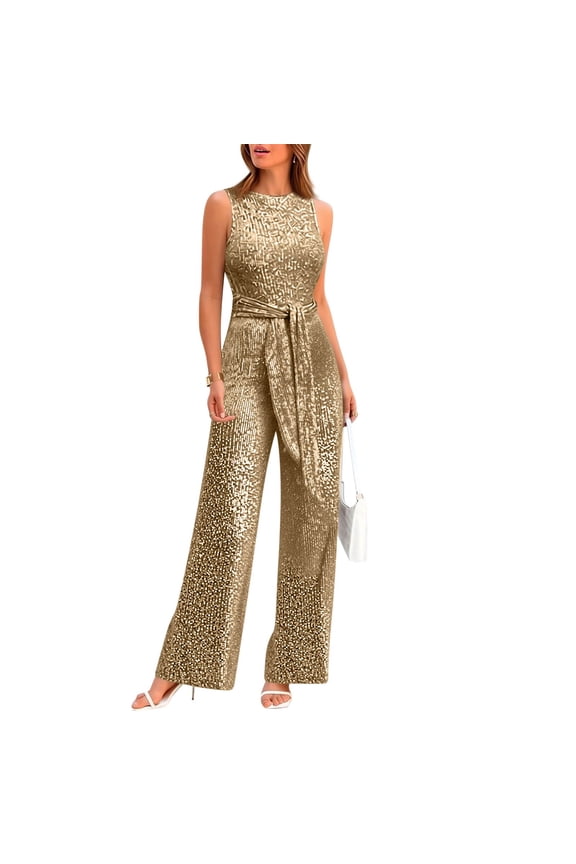 Jumpsuits for Women Crew Neck Sparkly Sequin Casual Rompers Sleeveless Belted Waist Wide Leg Dressy Jumpsuits Gold M