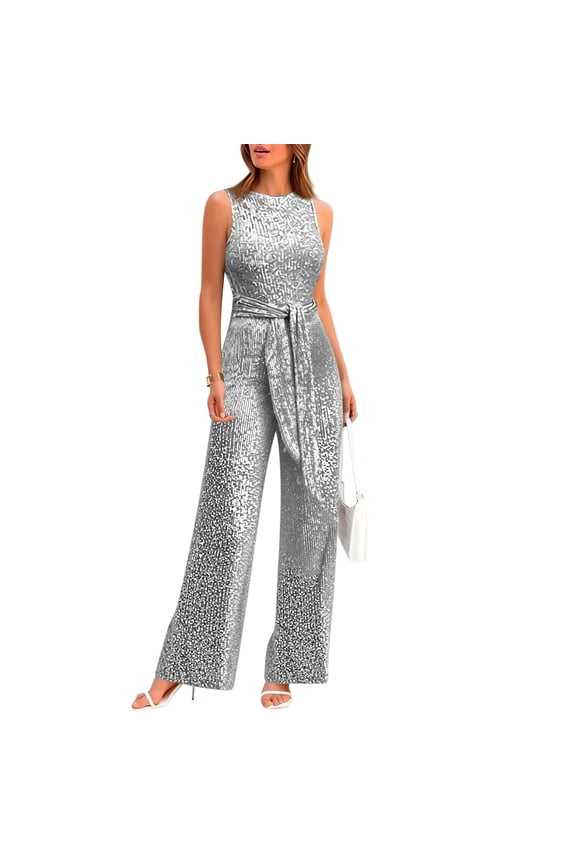 Jumpsuits for Women Crew Neck Sparkly Sequin Casual Rompers Sleeveless Belted Waist Wide Leg Dressy Jumpsuits Silver L