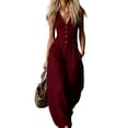 thumbnail image 1 of JULMCOMO Jumpsuits for Women Deep V Neck Button Front Sleeveless Summer Jumpsuits Wide Leg Casual Baggy Outfits with Pockets Red S, 1 of 5