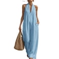 thumbnail image 1 of JULMCOMO Jumpsuits for Women Deep V Neck Halter Loose Fit Summer Outfits Sleeveless Wide Leg One Piece Casual Rompers with Pockets Sky Blue L, 1 of 5