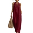 thumbnail image 1 of JULMCOMO Jumpsuits for Women Deep V Neck Halter Loose Fit Summer Outfits Sleeveless Wide Leg One Piece Casual Rompers with Pockets Wine L, 1 of 5