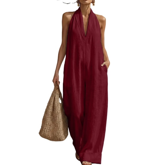 JULMCOMO Jumpsuits for Women Deep V Neck Halter Loose Fit Summer Outfits Sleeveless Wide Leg One Piece Casual Rompers with Pockets Wine L