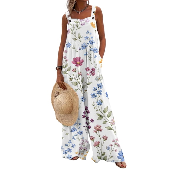 JULMCOMO Jumpsuits for Women Floral Print Wide Leg Casual Bib Overalls Square Neck Loose Fit Beach Summer Jumpsuits with Pockets Multicolor S