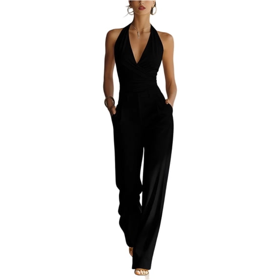 JULMCOMO Jumpsuits for Women Halter Deep V Neck Open Back Slim Fit Summer Outfits Sleeveless Straight Leg Dressy Jumpsuits with Pockets Black 2XL