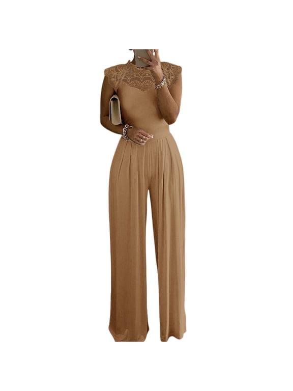 Jumpsuits for Women Lace Mock Neck Cap Sleeve Dressy Jumpsuits High Waist Wide Straight Leg Pleated One Piece Summer Outfits Light Brown S