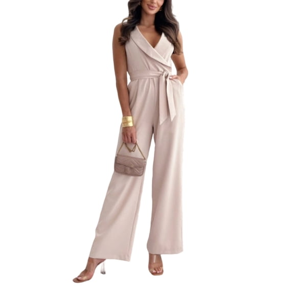 JULMCOMO Jumpsuits for Women Lapel Neck Sleeveless Dressy Jumpsuits Tie Waist Wide Leg Business Summer Outfits with Pockets Khaki M