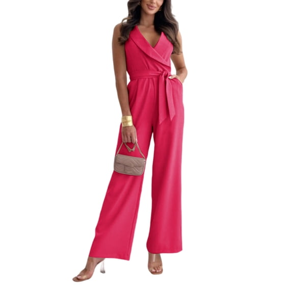 JULMCOMO Jumpsuits for Women Lapel Neck Sleeveless Dressy Jumpsuits Tie Waist Wide Leg Business Summer Outfits with Pockets Red L