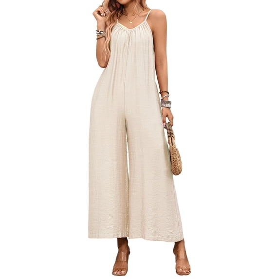 JULMCOMO Jumpsuits for Women Scoop Neck Adjustable Spaghetti Strap Loose Fit Summer Romper Low Back Sleeveless Wide Leg Flowy Jumpsuits Beige L