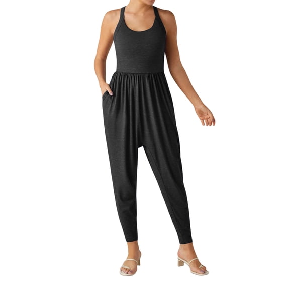 JULMCOMO Jumpsuits for Women Scoop Neck Cross Back Casual Overalls Sleeveless Elastic Waisted Summer Harem Pants with Pockets Black M