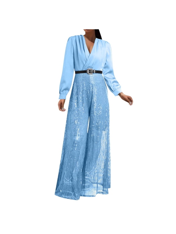 Jumpsuits for Women Sequin Wide Leg Deep V Neck Dressy Jumpsuits Long Sleeve Belted Waist Evening One Piece Summer Rompers Sky Blue M