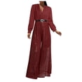 thumbnail image 1 of JULMCOMO Jumpsuits for Women Sequin Wide Leg Deep V Neck Dressy Jumpsuits Long Sleeve Belted Waist Evening One Piece Summer Rompers Wine 2XL, 1 of 6