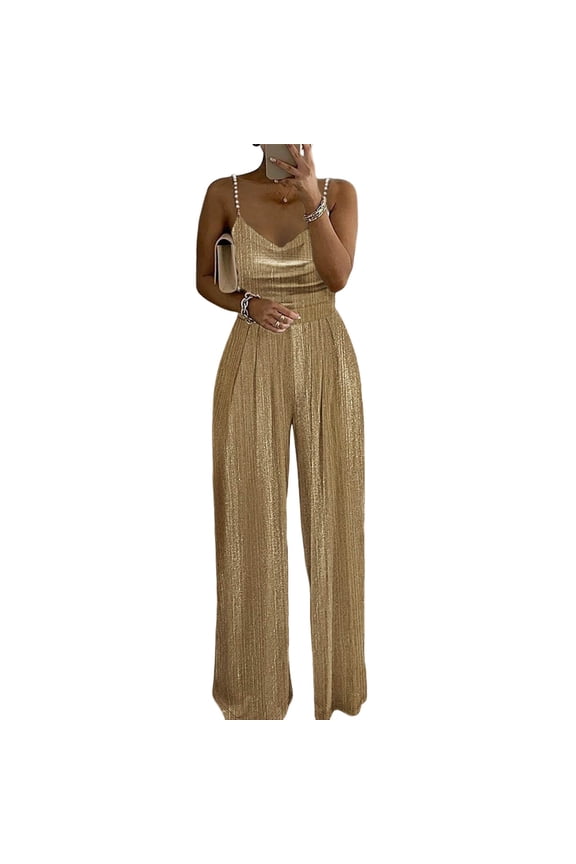 Jumpsuits for Women Spaghetti Beaded Strap Wide Leg Loose Fit Summer Rompers Fitted Waist Deep V Neck Dressy Jumpsuits Gold 2XL