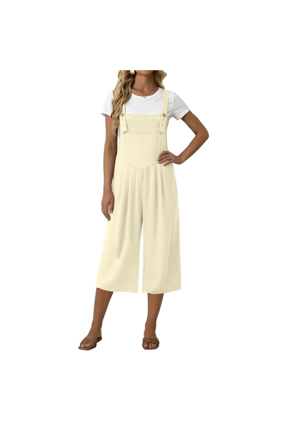 Jumpsuits for Women Square Neck Adjustable Strap Baggy Bib Overalls Wide Leg Pleated Casual Capri Jumpsuits with Pockets Beige M