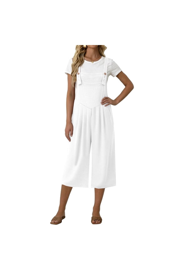 Jumpsuits for Women Square Neck Adjustable Strap Baggy Bib Overalls Wide Leg Pleated Casual Capri Jumpsuits with Pockets White 2XL