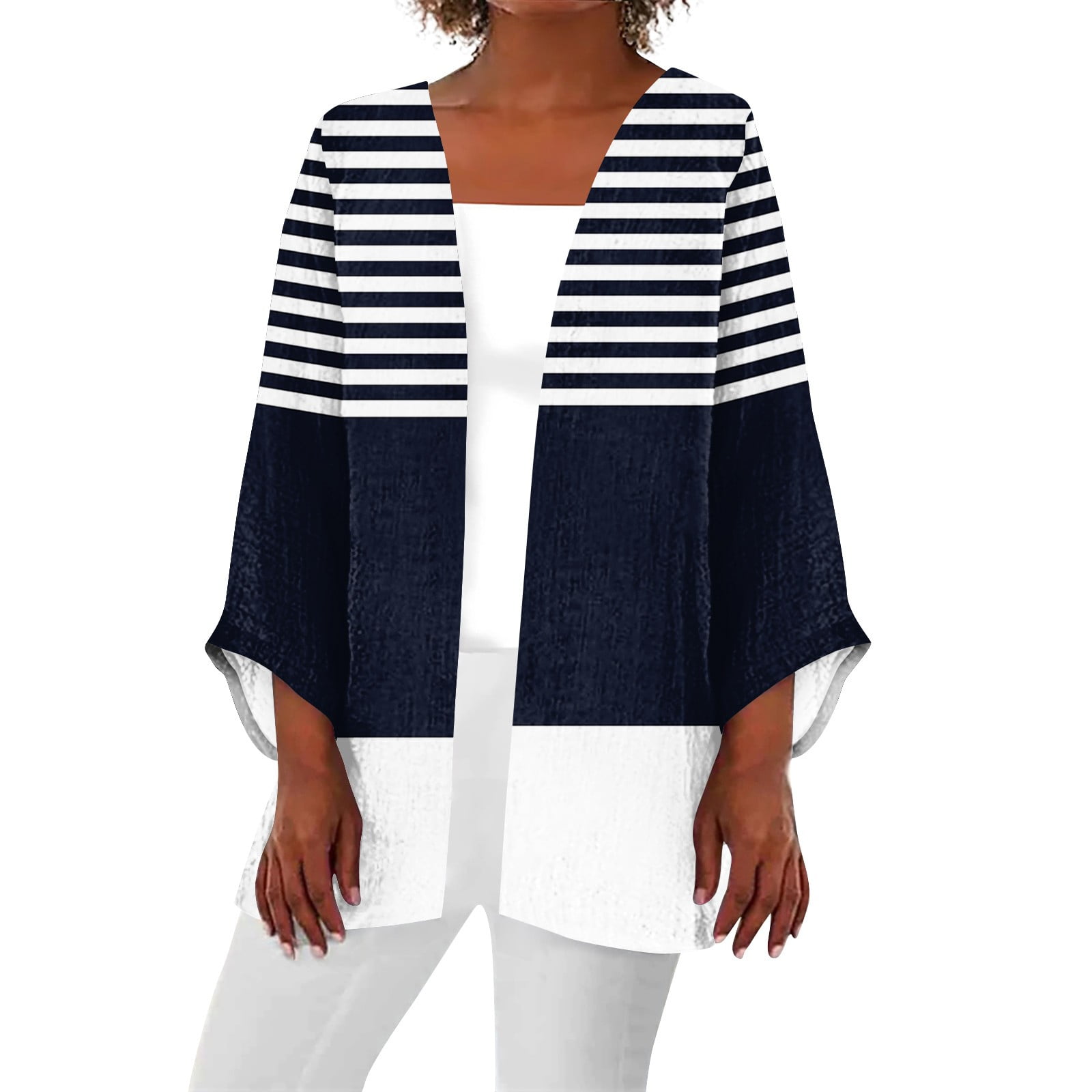 JULMCOMO Kimonos for Women Plus Size Striped Color Block Casual Lightweight  3/4 Sleeve Cardigan Soft Drape Open Front Fall Dusters Navy XL