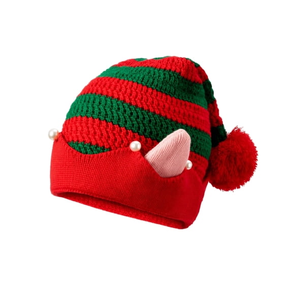 JULMCOMO Knit Christmas Elf Hat for Unisex 3D Elf Ears Pearl Decor Knitted Novelty Elf Santa Hat Festive Holiday Xmas Party Costume Headwear B