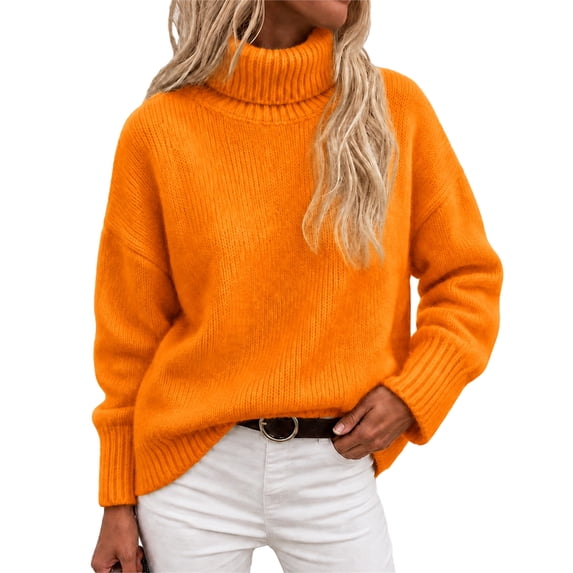 JULMCOMO Knit Sweaters for Women Thick Turtleneck Loose Fit Casual Baggy Pullover Sweater Drop Shoulder Oversized Warm Fall Outfits Orange M