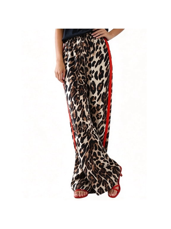Leopard Print Wide Leg Pants for Women Red Side Stripe Drawstring Elastic Waist Loose Flowy Palazzo Pants Casual Baggy Vacation Trousers Brown 2XL