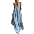 thumbnail image 1 of JULMCOMO Linen Jumpsuits for Women Lace Trim Halter Deep V Neck Summer Jumpsuits Sleeveless Wide Leg Elegant Comfy Loose Fit Rompers Light Blue S, 1 of 5