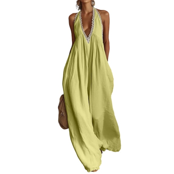 JULMCOMO Linen Jumpsuits for Women Lace Trim Halter Deep V Neck Summer Jumpsuits Sleeveless Wide Leg Elegant Comfy Loose Fit Rompers Light Green S