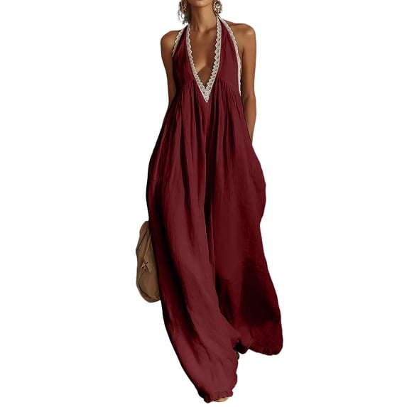 JULMCOMO Linen Jumpsuits for Women Lace Trim Halter Deep V Neck Summer Jumpsuits Sleeveless Wide Leg Elegant Comfy Loose Fit Rompers Wine L