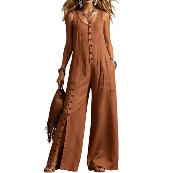 JULMCOMO Linen Jumpsuits for Women Scoop Neck Button Down Summer Outfits Sleeveless Hem Slit with Buttons Wide Leg Loose Fit Jumpsuits Ginger S