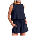thumbnail image 1 of JULMCOMO Linen Sets for Women 2 Piece Crew Neck Baggy Summer Tank Tops Drawstring Wide Leg Casual Summer Short Sets with Pockets Navy L, 1 of 5