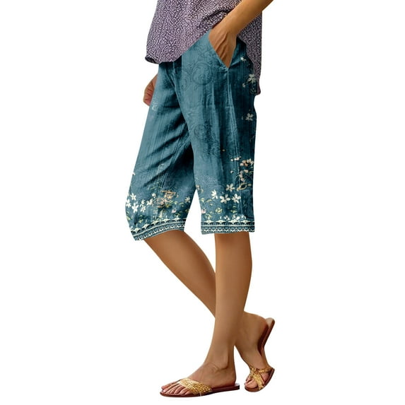 JULMCOMO Linen Shorts for Women Dressy Casual Bermuda Shorts Knee Length Elastic Waist Pedal Pushers Trendy Summer Linen Capri Pants with Pockets Turquoise XL