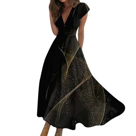 JULMCOMO Long Maxi Dresses for Women Deep V Neck Short Sleeve Boho Dress Dressy Casual Summer Floral Print Long Dress Plus Size Plus Size Bech Dresses Black S